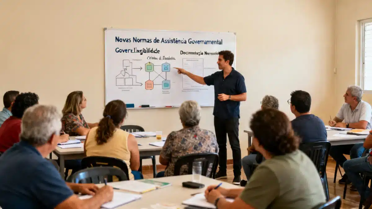 Pessoas atentas em workshop comunitário, aprendendo sobre critérios de elegibilidade e documentação para benefícios sociais.