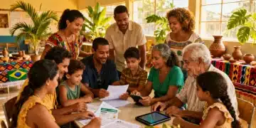 Famílias brasileiras diversas reunidas em um centro comunitário discutindo os novos benefícios sociais de 2026.