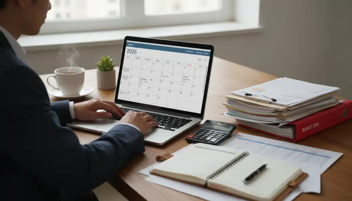 Pessoa organizando finanças pessoais em um laptop com o calendário de 2026 aberto, simbolizando planejamento financeiro.