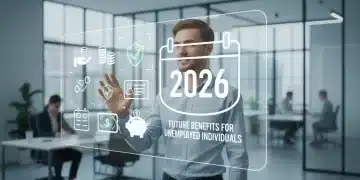 Pessoa esperançosa olhando para tela digital com ícones de auxílio financeiro e calendário de 2026, representando benefícios para desempregados.