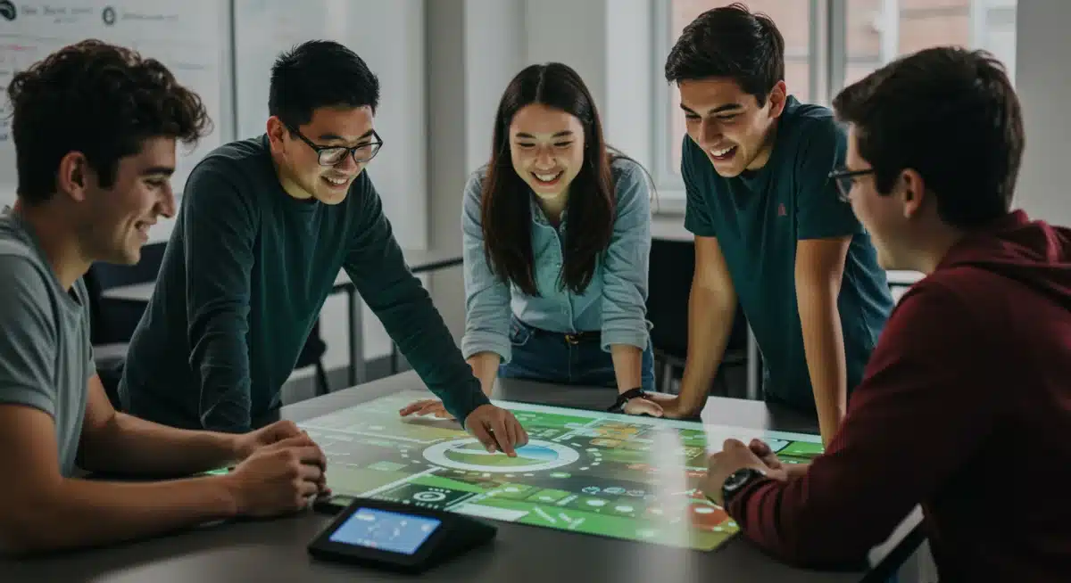 Grupo de estudantes colaborando em um jogo interativo de mesa que projeta conteúdo educacional, promovendo trabalho em equipe e resolução de problemas.