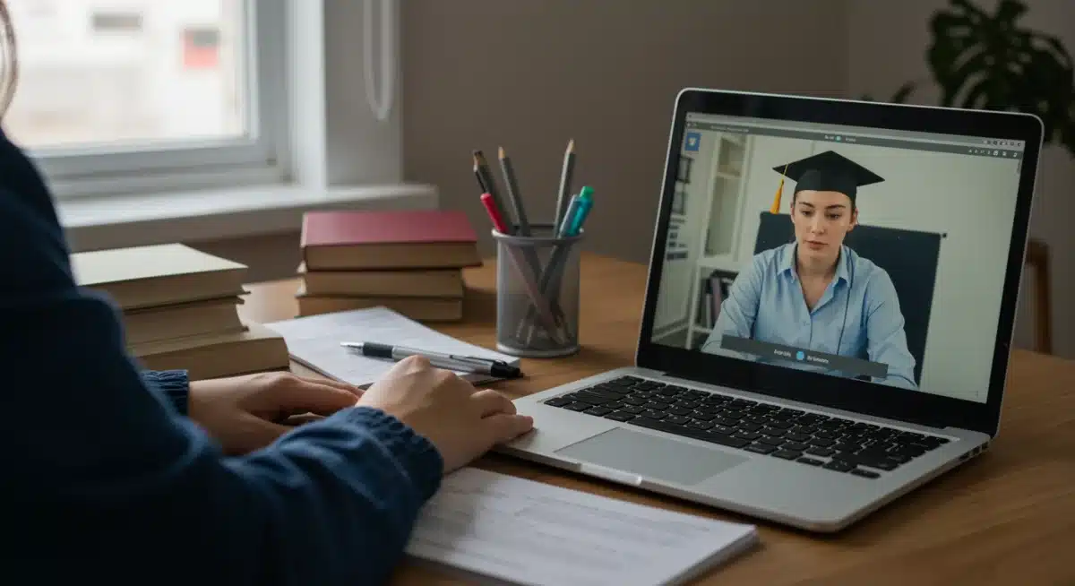 Estudante participando de aula virtual, representando o ensino híbrido e online em 2026.