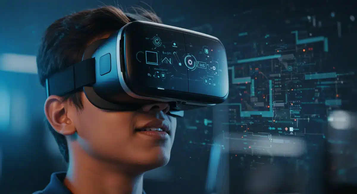 Estudante imerso em um ambiente de aprendizagem gamificado usando óculos de realidade virtual, demonstrando foco e prazer no processo educacional.