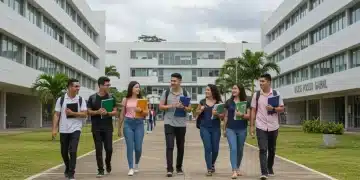 Estudantes universitários diversos caminhando em campus moderno, simbolizando o futuro da educação superior em 2026.