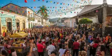 Pessoas celebrando em um festival de rua vibrante no Brasil, com música e decorações coloridas.