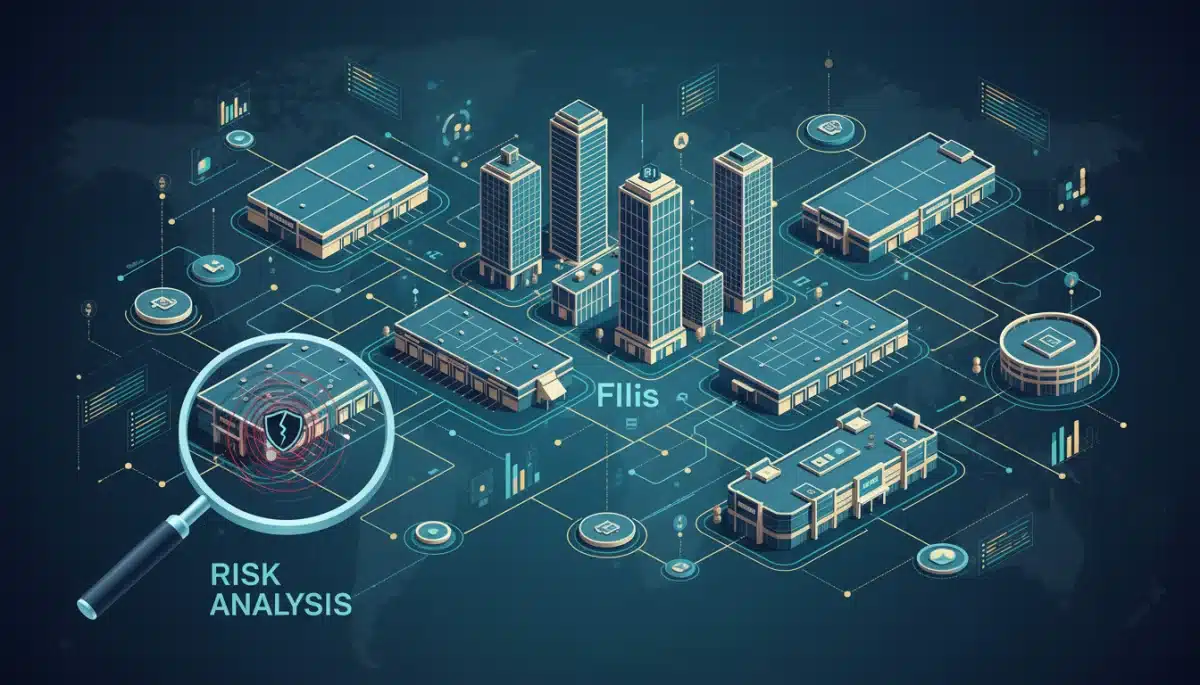 Ilustração de um portfólio diversificado de ativos imobiliários, como prédios e galpões, representando a estratégia de diversificação de FIIs.