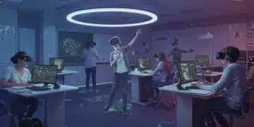Alunos engajados em uma sala de aula futurista com gamificação em 2026, utilizando realidade aumentada e interfaces digitais para aprender de forma interativa.