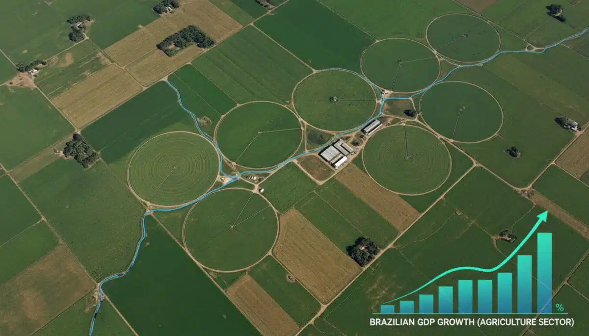 Vista aérea de lavouras brasileiras com sistemas de irrigação avançados, ilustrando a diversidade e produtividade agrícola do país.