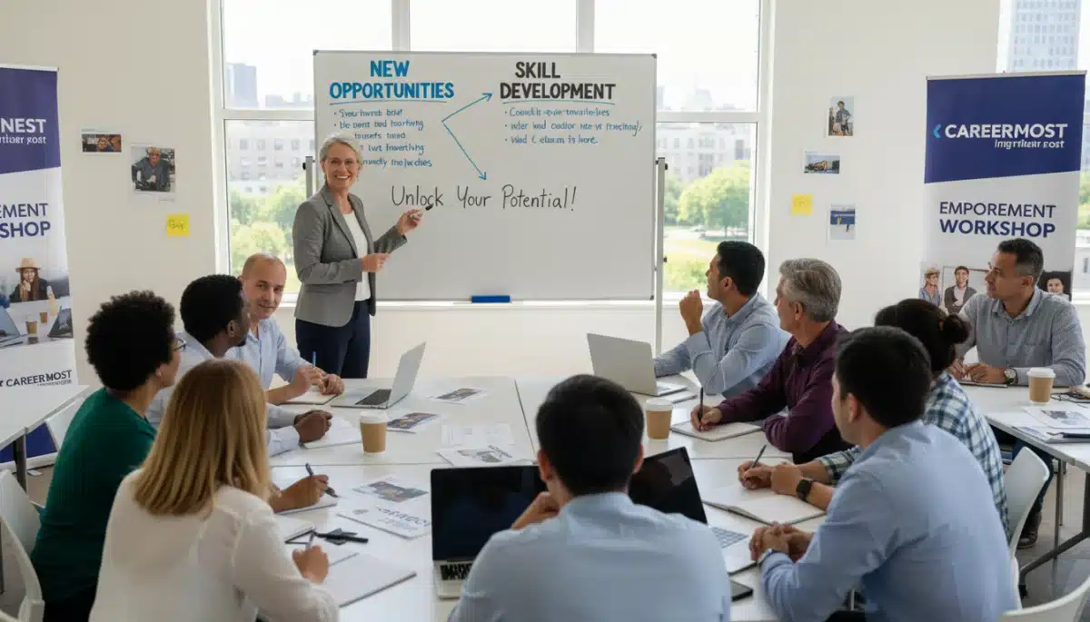 Grupo de pessoas diversas em workshop de desenvolvimento de carreira, com facilitador apontando para quadro branco com 'Novas Oportunidades' e 'Desenvolvimento de Habilidades'.
