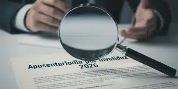 Documento sobre Aposentadoria por Invalidez 2026 com lupa, simbolizando a análise dos novos critérios.