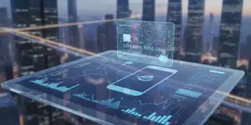 Interface de banco digital futurista em tablet, mostrando gráficos financeiros e um smartphone com aplicativo bancário, com skyline de cidade ao fundo.