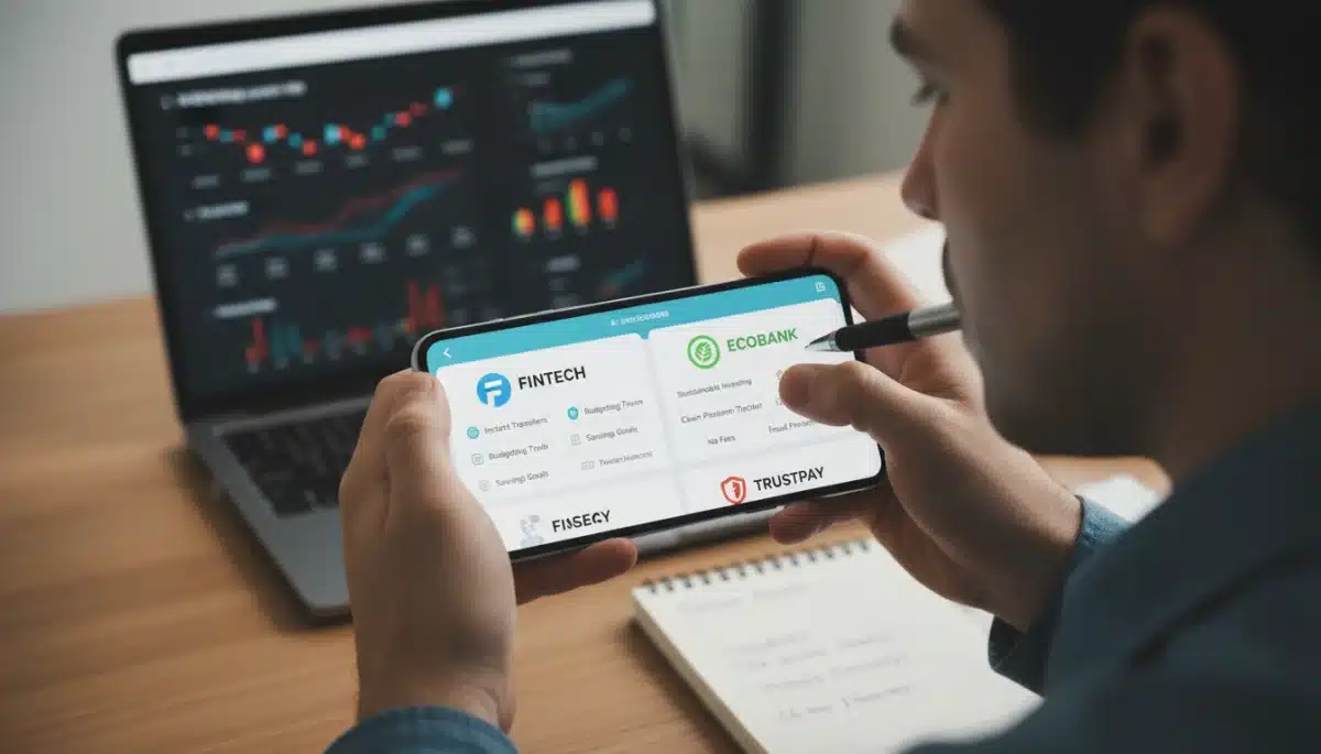 Pessoa comparando aplicativos de bancos digitais no smartphone, analisando funcionalidades e benefícios.