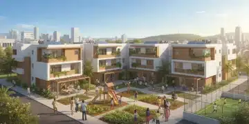 Complexo habitacional moderno e acessível no Brasil, com famílias diversas sorrindo em áreas comuns, simbolizando o programa de 2026.
