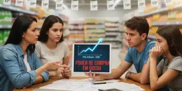 Família brasileira analisando gráfico do IPCA 2026 e seu impacto no poder de compra em um tablet, com símbolos de inflação ao fundo.