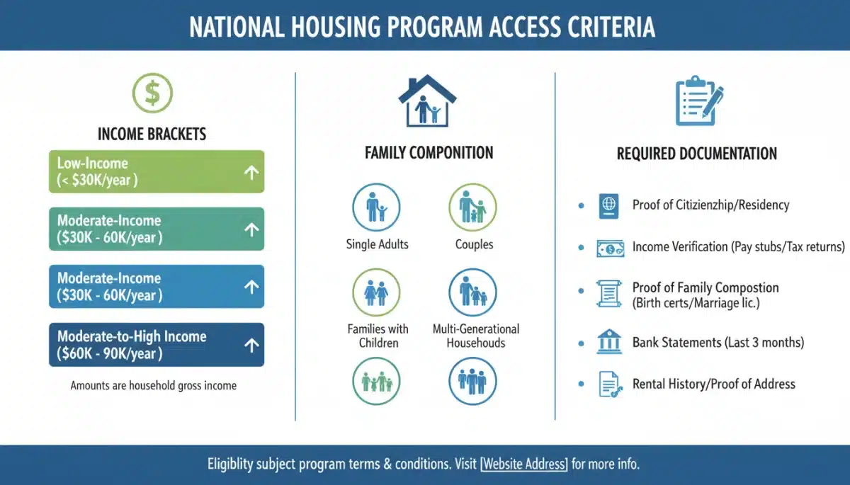 Infográfico detalhado com os principais critérios de acesso ao programa nacional de habitação, incluindo renda e documentação.