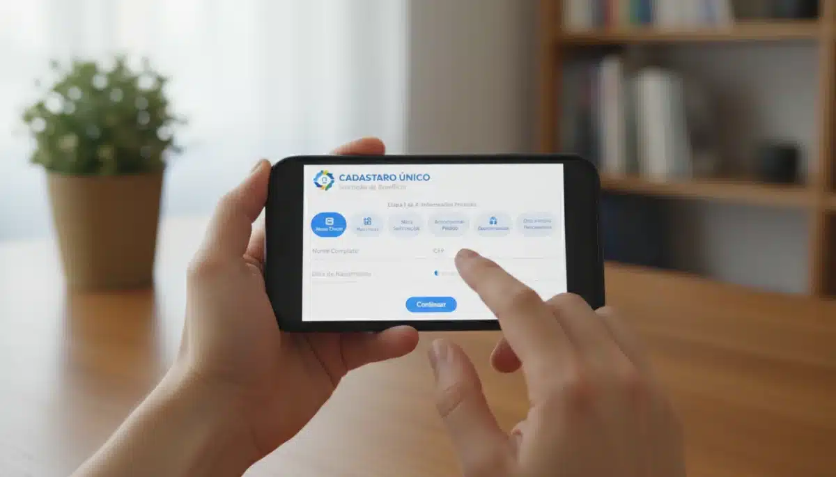 Mãos digitando em um celular, acessando portal de benefícios governamentais.