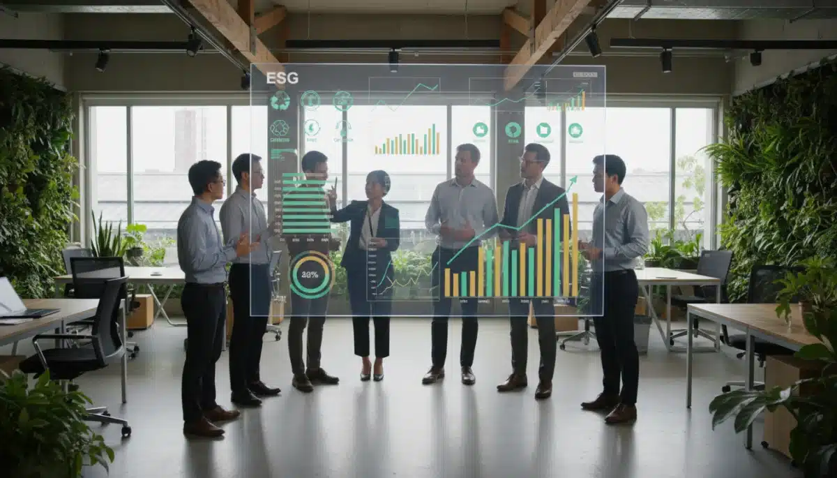 Equipe de analistas discutindo métricas ESG e desempenho financeiro em um ambiente de escritório sustentável.