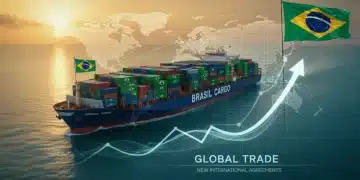 Navio cargueiro partindo de um porto brasileiro ao pôr do sol, com gráfico de crescimento e mapa-múndi, simbolizando o avanço das exportações brasileiras em 2026.