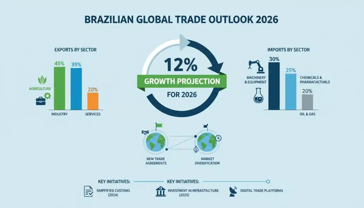 Infográfico detalhado com projeções de crescimento de 12% nas exportações brasileiras em 2026, destacando setores e impacto de novos acordos comerciais.