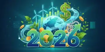 Gráfico financeiro verde com símbolos de sustentabilidade e o ano 2026, representando investimentos sustentáveis e retornos.