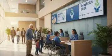 Pessoas diversas em um centro de atendimento, representando o acesso a benefícios assistenciais em 2026.