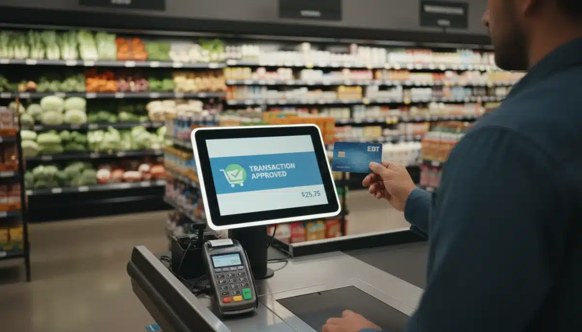 Pessoa utilizando o Cartão do Benefício 2026 em um terminal de pagamento no supermercado.