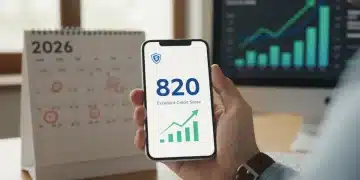 Person checking an 800+ credit score on a smartphone with a 2026 calendar in the background, symbolizing financial achievement.