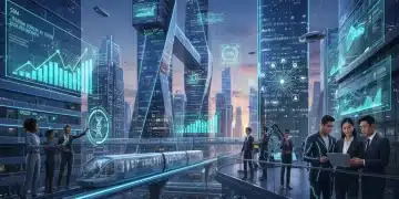 Futuristic cityscape with digital job growth data, symbolizing the evolving 2026 U.S. job market.