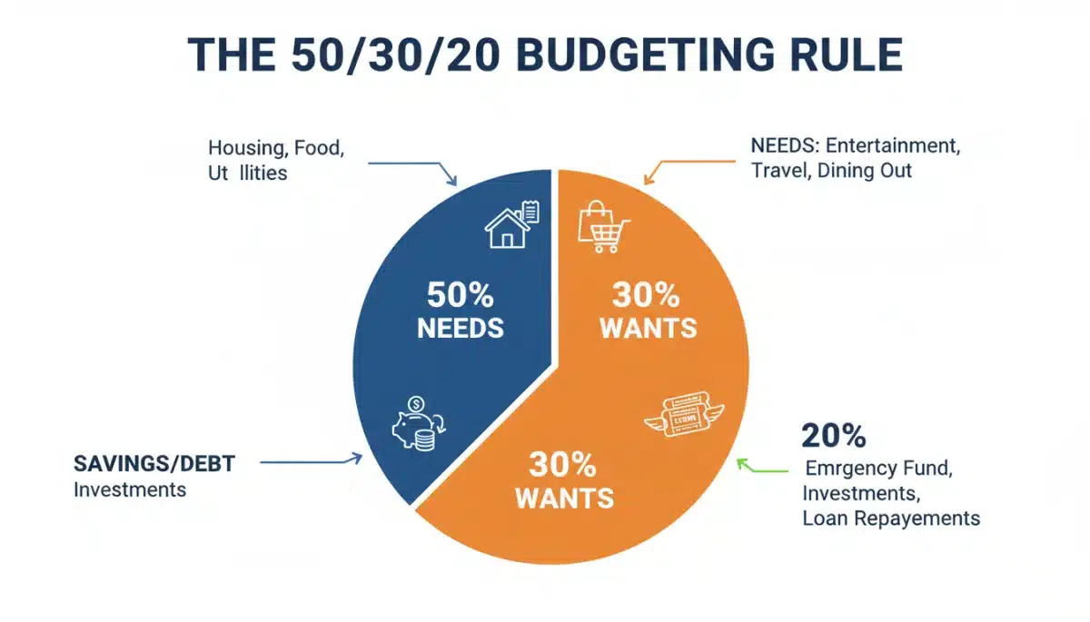 Infographic illustrating the 50/30/20 budgeting rule percentages