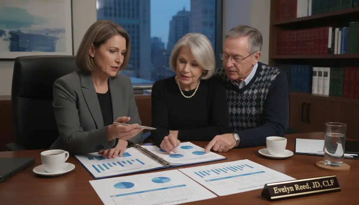 Financial advisor explaining estate planning documents to a couple