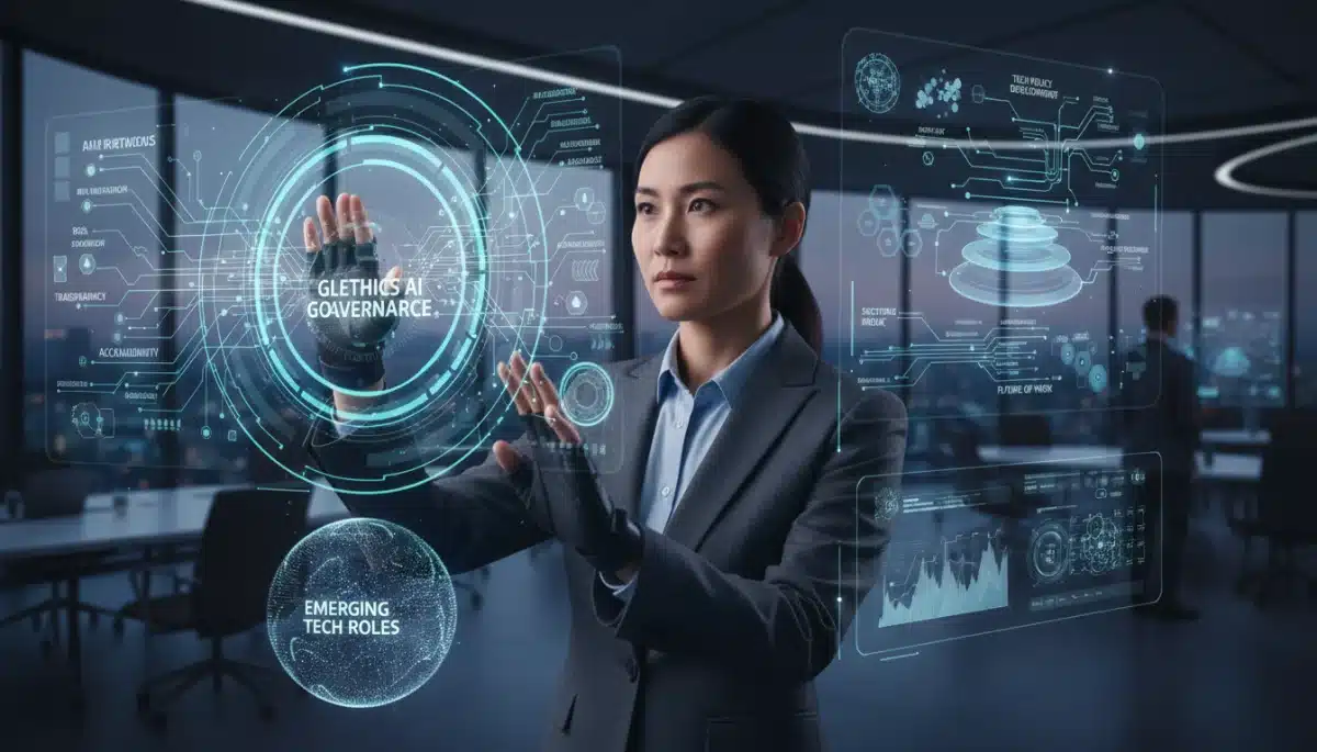 Professional interacting with holographic AI ethics data, illustrating complex tech roles.