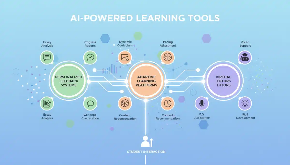 Infographic illustrating AI-powered personalized learning tools and adaptive platforms.