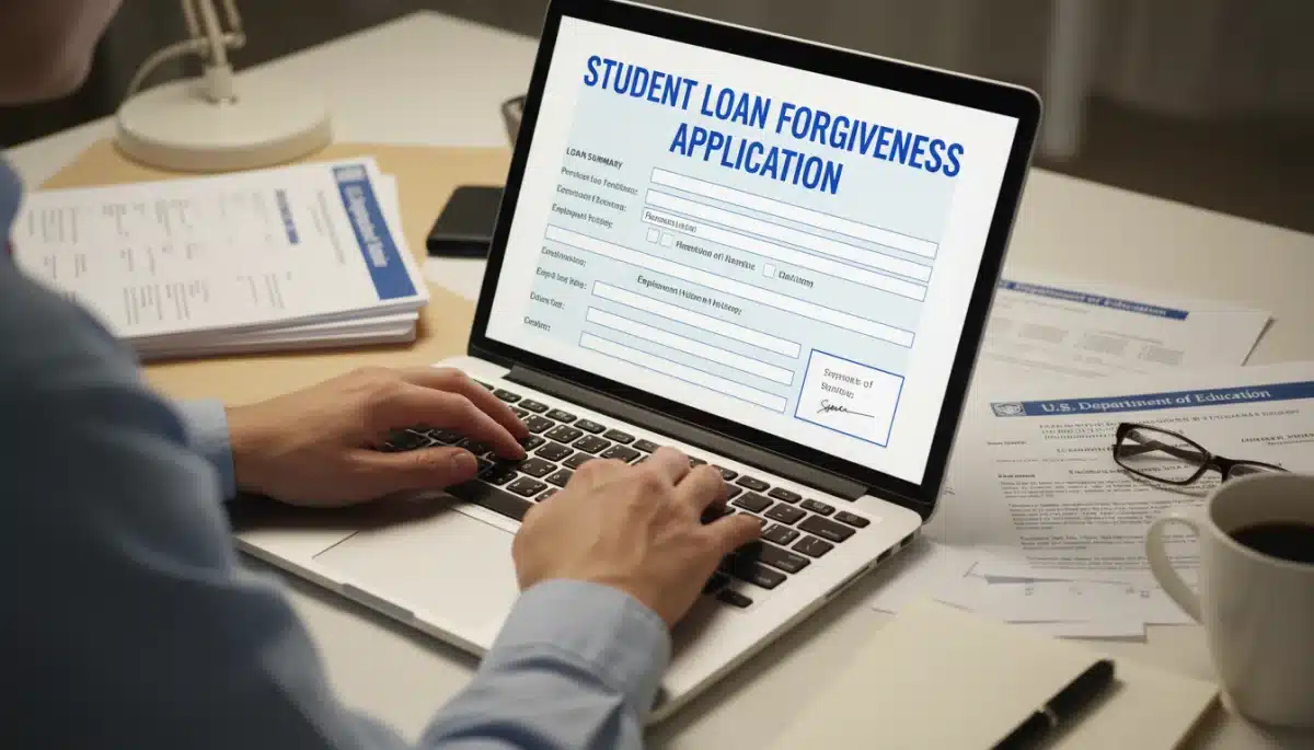 Borrower completing federal student loan forgiveness application online