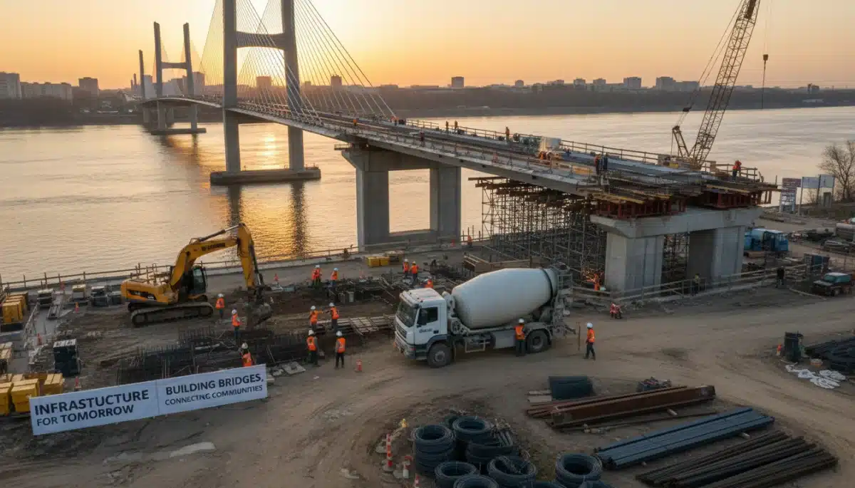 Construction workers building a new bridge, symbolizing progress in infrastructure projects.