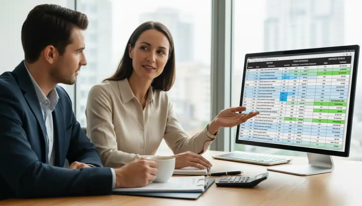 Financial planner reviewing budget spreadsheet with client