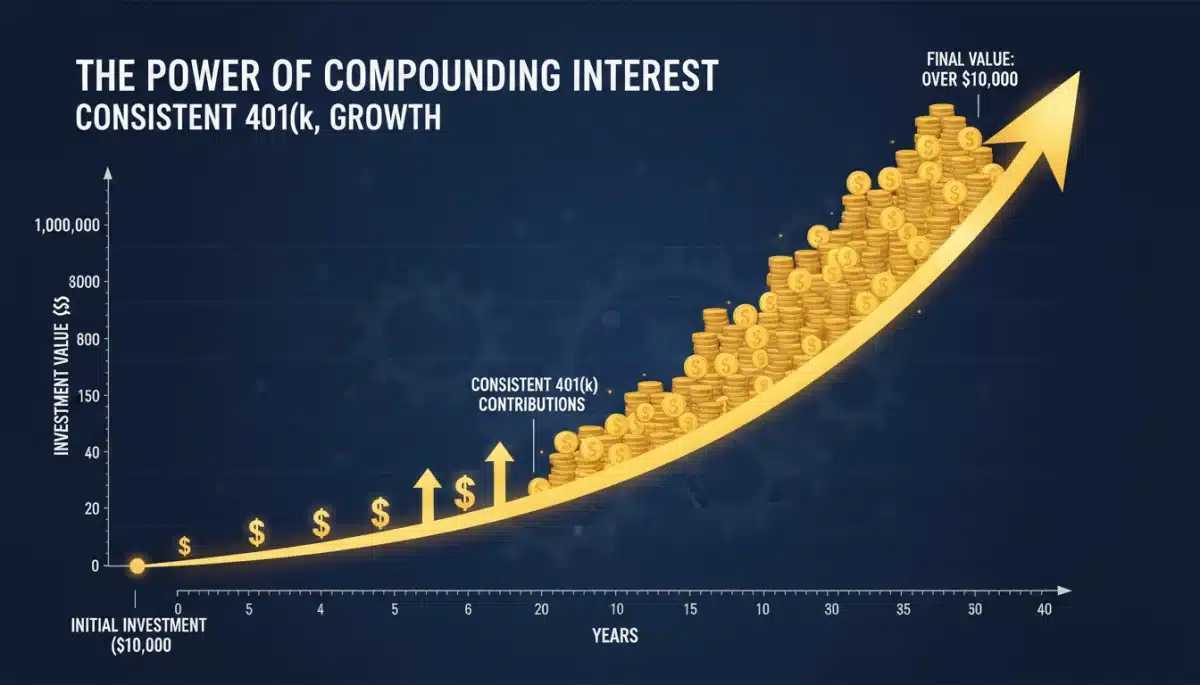 Compounding interest growth on 401k investments over time