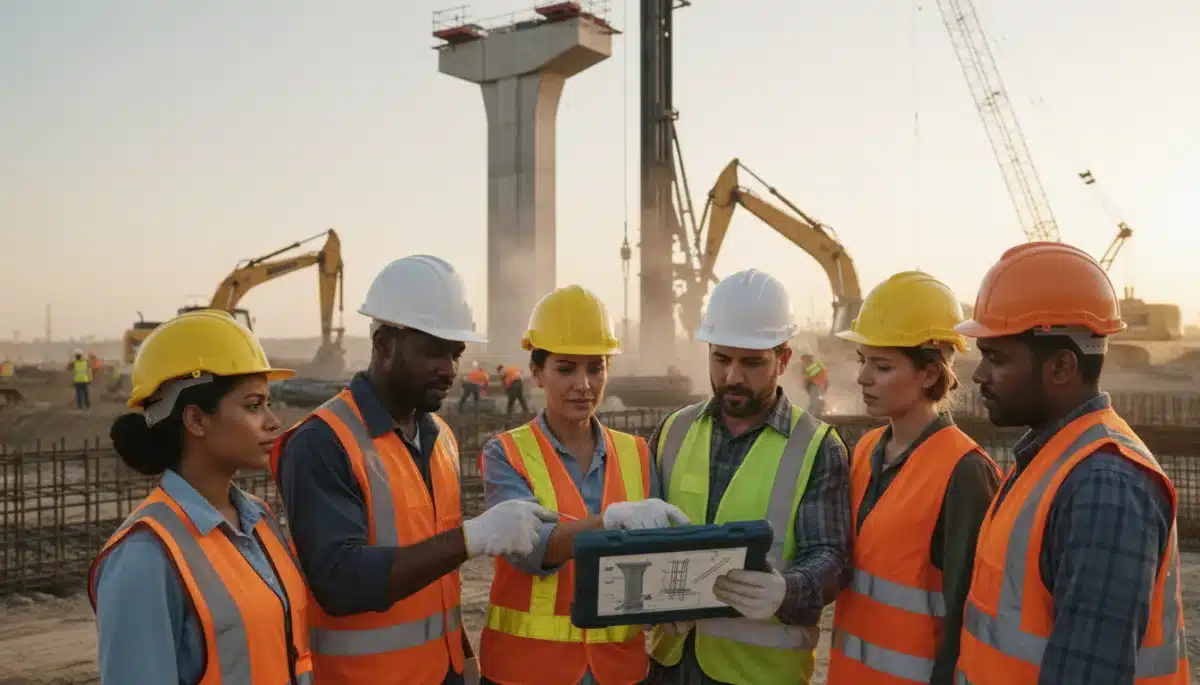 Construction workers reviewing blueprints at a major infrastructure project site