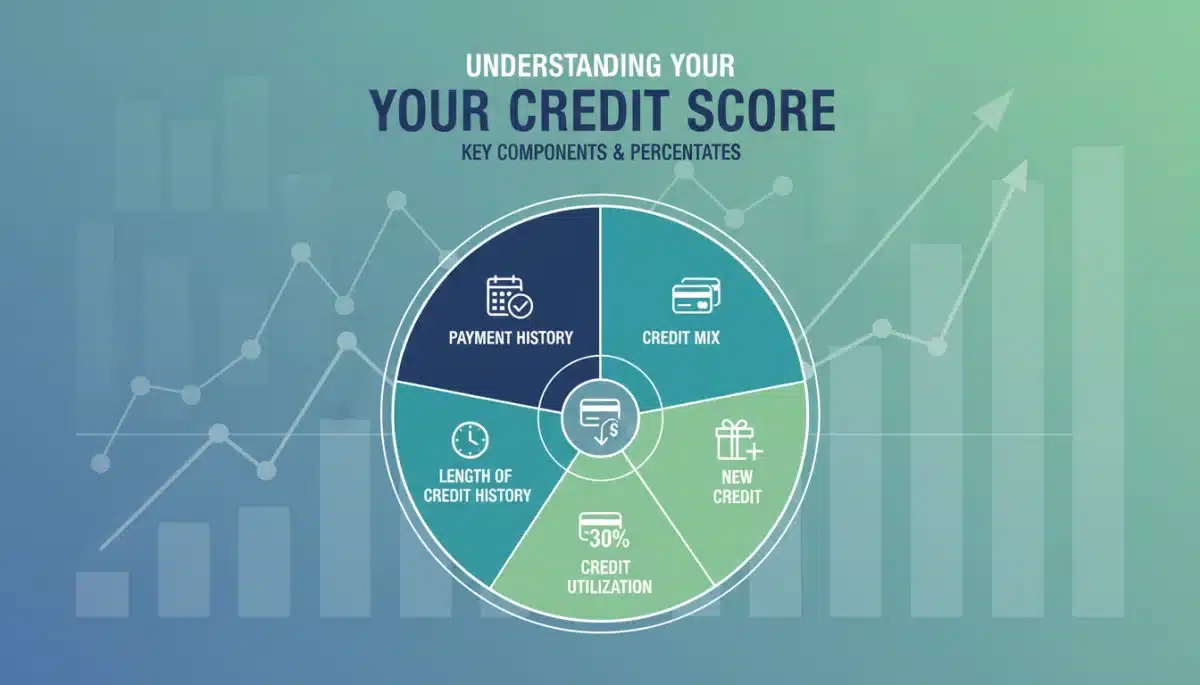Infographic detailing the five key components of a credit score and their impact percentages.