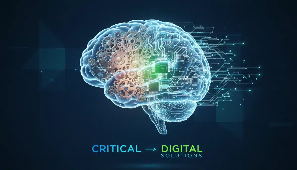 Symbolic image of critical thinking and digital fluency with brain and circuit patterns