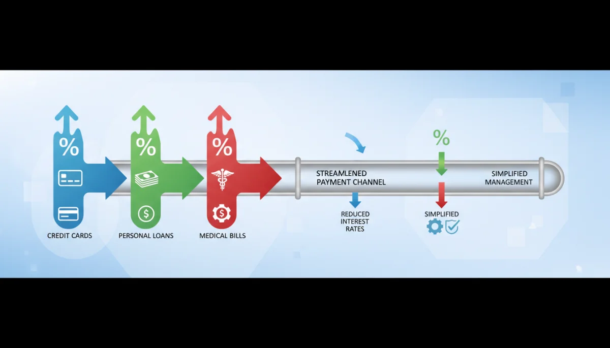 Debt consolidation visual: multiple debts merging into one payment
