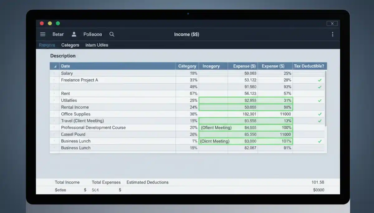Digital ledger displaying categorized expenses for tax deduction analysis