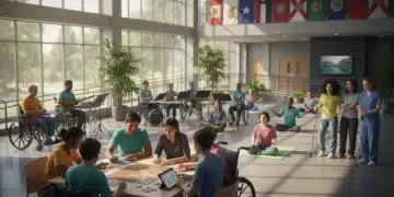Diverse group of individuals with disabilities and caregivers in an accessible community center, highlighting state support.