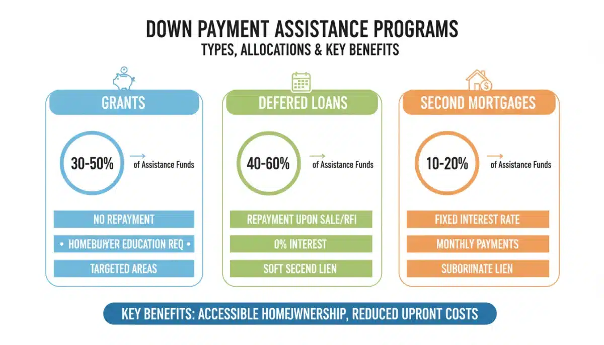 Infographic detailing various down payment assistance options for first-time homebuyers