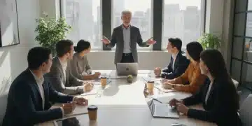 Diverse young professionals learning from an experienced mentor in a modern office
