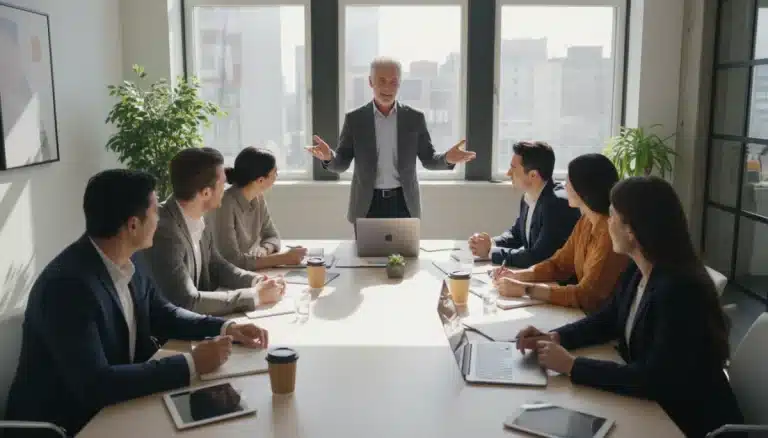 Diverse young professionals learning from an experienced mentor in a modern office
