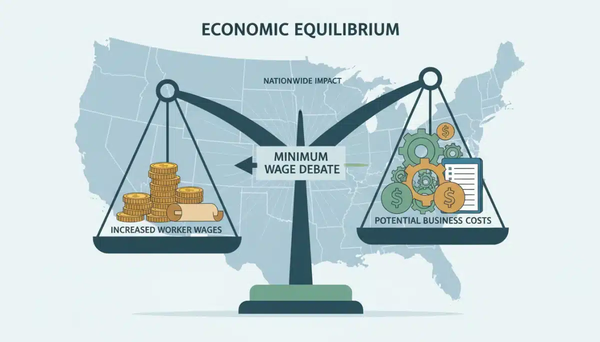 Economic scale balancing worker wages and business costs in minimum wage debate