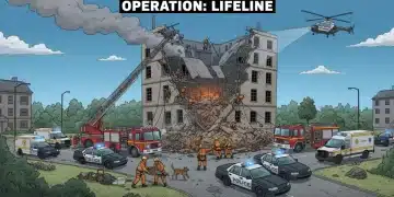Emergency responders at disaster site with fire trucks and ambulances