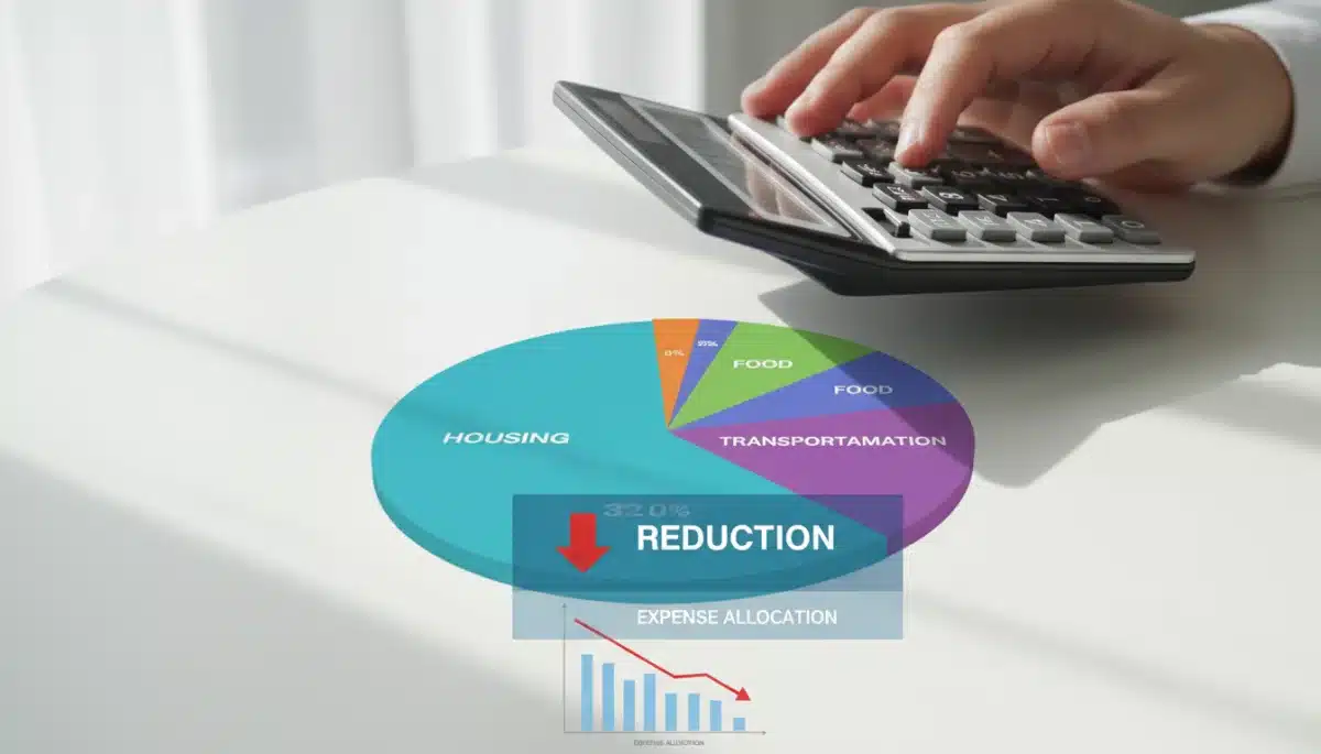 Budget pie chart with hands adjusting figures, showing expense allocation
