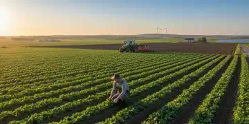 Farmer inspecting crops in a modern agricultural field at sunrise, symbolizing state support.