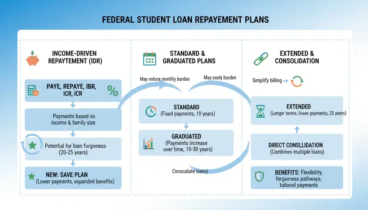 Infographic showing various federal student loan repayment plans and their benefits.